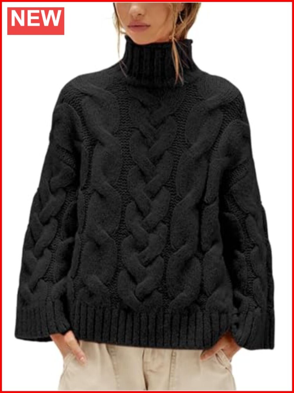 Chunky Cable Knit Turtleneck Sweater Oversized Loose Pullover Fall Winter